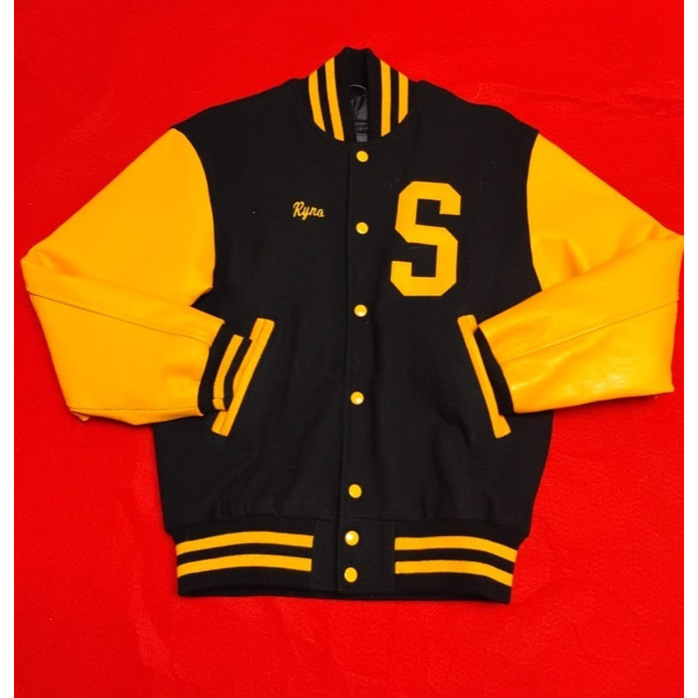 Stewart & Strauss Premium Black Wool yellow Leather Varsity Bomber Jacket Sz S